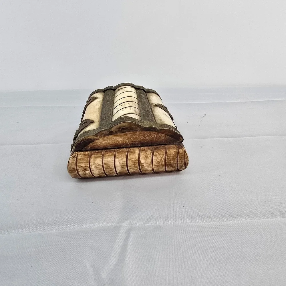 Vintage Camel Bone Trinket Box India Brass Inlay Velvet Lined Jewelry Chest